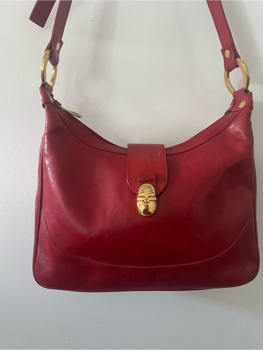 Valentina Red Leather Hobo Shoulder Bag with Gold Hardware